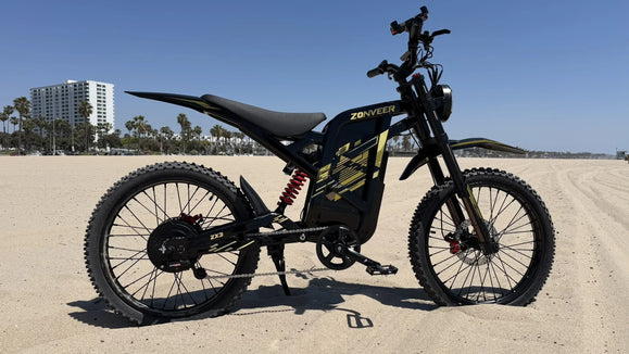 Zonveer ZX3 electric dirt bike tire pressure setup on sandy trail terrain