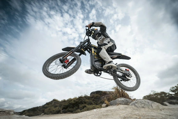 Rider performing a stunt on a Zonveer ZX3 against a dramatic cloudy sky